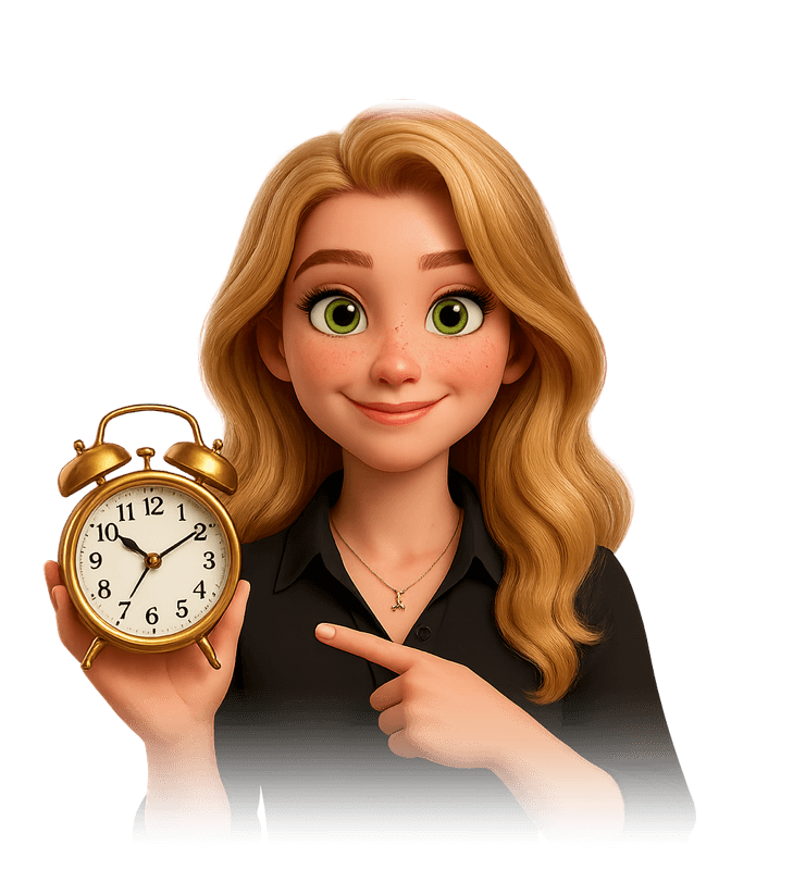 Julia lehnt entspannt an einer großen Uhr
